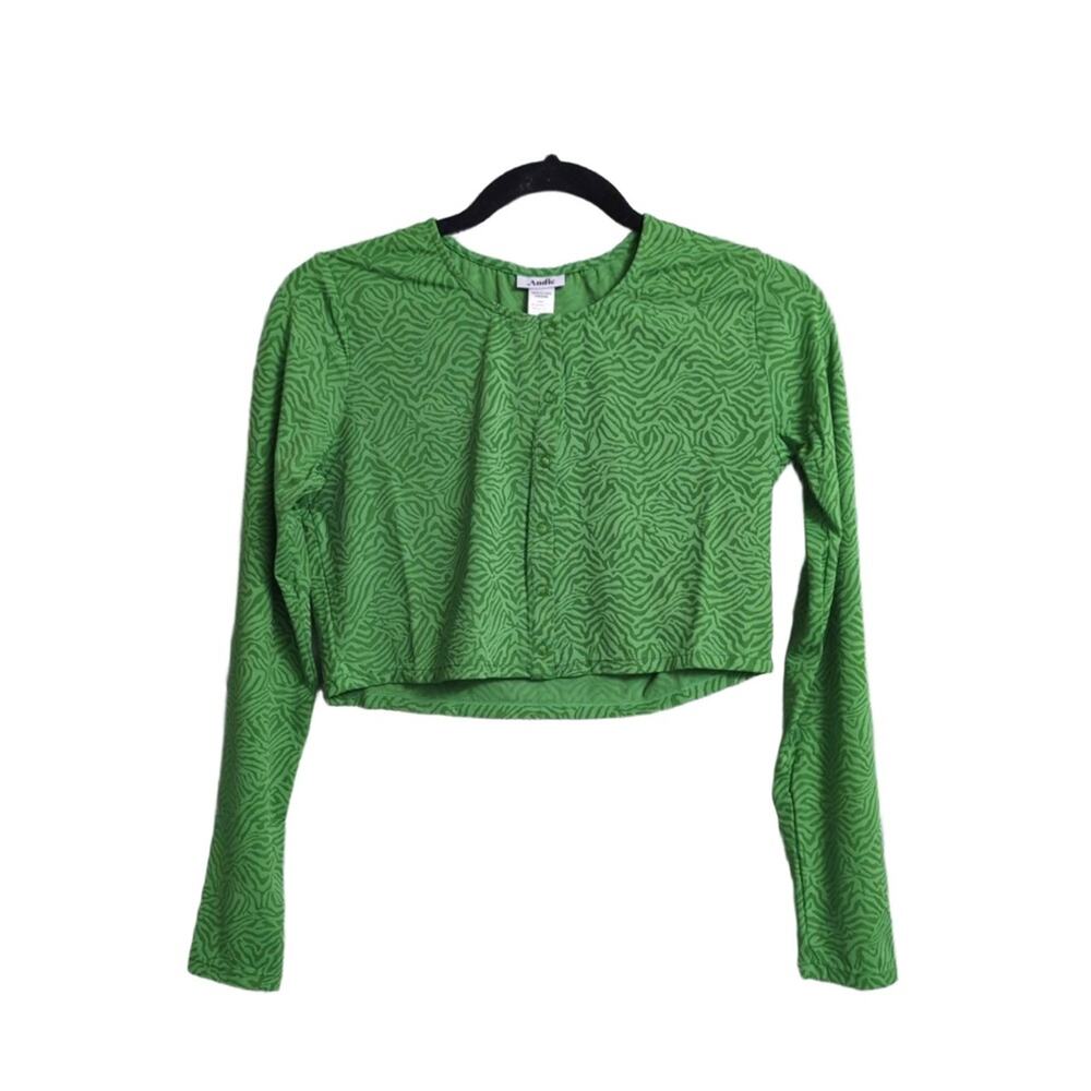 NWT Andie Augusta Jacket Green Cropped Snap Front Abstract Zebra Pattern Top M